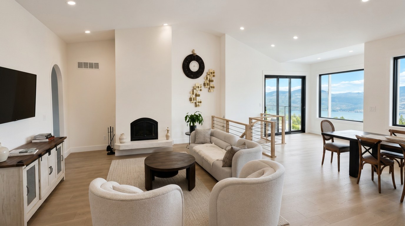 Bright open-concept living room with freshly painted white walls, crisp trim and a modern fireplace